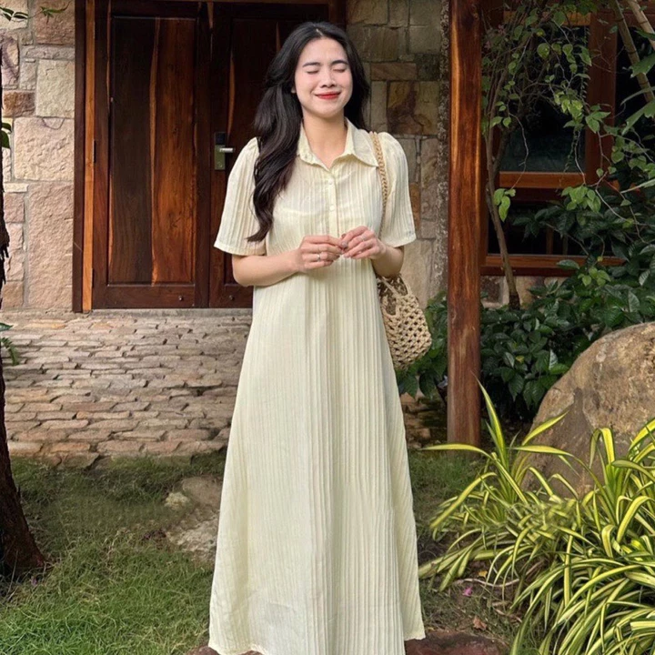 Váy suông đầm suông đầm polo chất đũi gân thiết kế dáng sơ mi tay cộc form rộng (KHÔNG KÈM VÁY 2 DÂY LÓT) PANOSI - V9