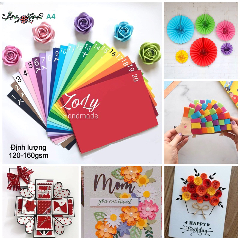 [10 tờ] Giấy bìa thủ công A4 nhiều màu 120-160gsm