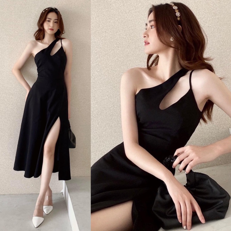 Đầm dự tiệc MINA xẻ đùi midi xoè màu đen thiết kế chéo vai chất liệu Cotton lạnh mịn quyến rũ MN188 spe