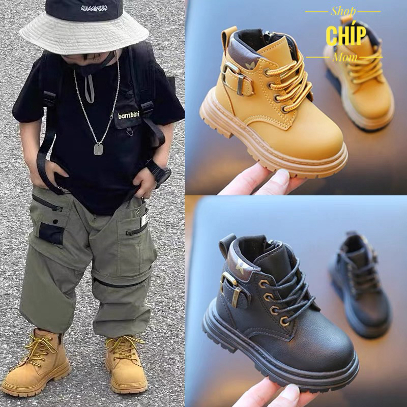Bốt cho bé gái Giày cổ cao Quảng Châu  2023cao cấp cho bé trai cá tính trơn chống trươt full box phong cách hàn quốc H68