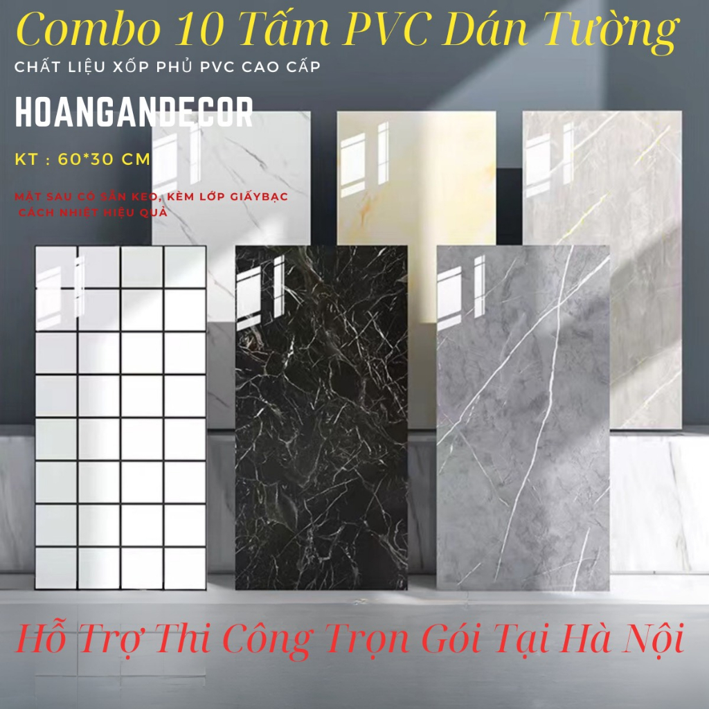 10 miếng xốp dán tường PVC màu vân đá kích thước 60x30 cm, mặt sau có ...