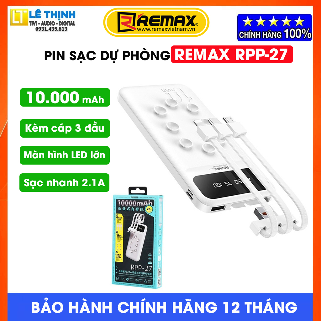 Pin Sạc Dự Phòng Remax RPP-27 10000mAh, sạc nhanh 2.1A (Tích Hợp 3 Đầu ...