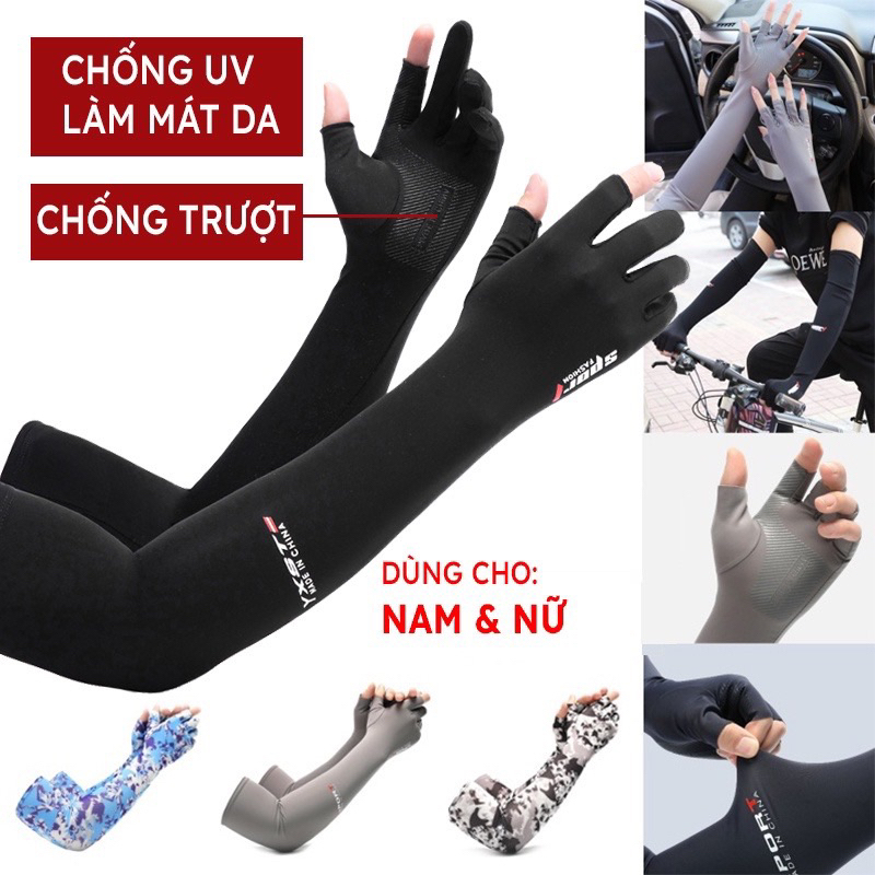 Găng tay chống nắng nam SPORT bao tay đi nắng nữ xỏ ngón có vân chống trượt chống tia UV