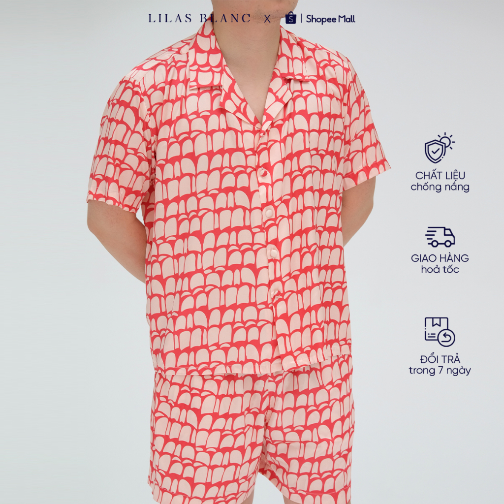 Bộ Pyjamas Nam Mặc Nhà Áo Cộc Quần Cộc Chất Liệu Lụa Hoạ Tiết Rome Đỏ PJ Summer Men LILAS BLANC spe