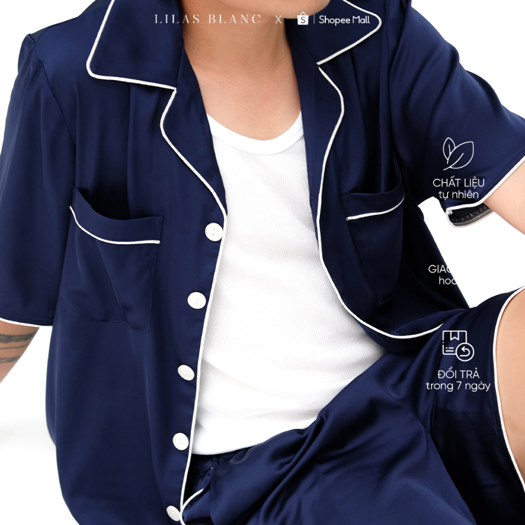 Bộ Pyjamas Nam Mặc Nhà Áo Cộc Quần Cộc Chất Liệu Lụa Trơn Màu Xanh Navy PJ Classic Summer Men LILAS BLANC spe