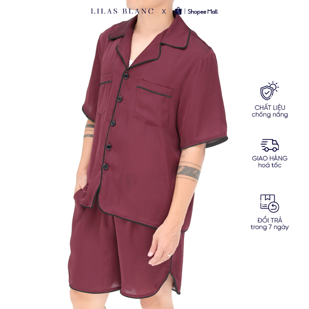 Bộ Pyjamas Nam Mặc Nhà Áo Cộc Quần Cộc Chất Liệu Lụa Trơn Đỏ Thẫm Maroon PJ Classic Summer Men LILAS BLANC spe