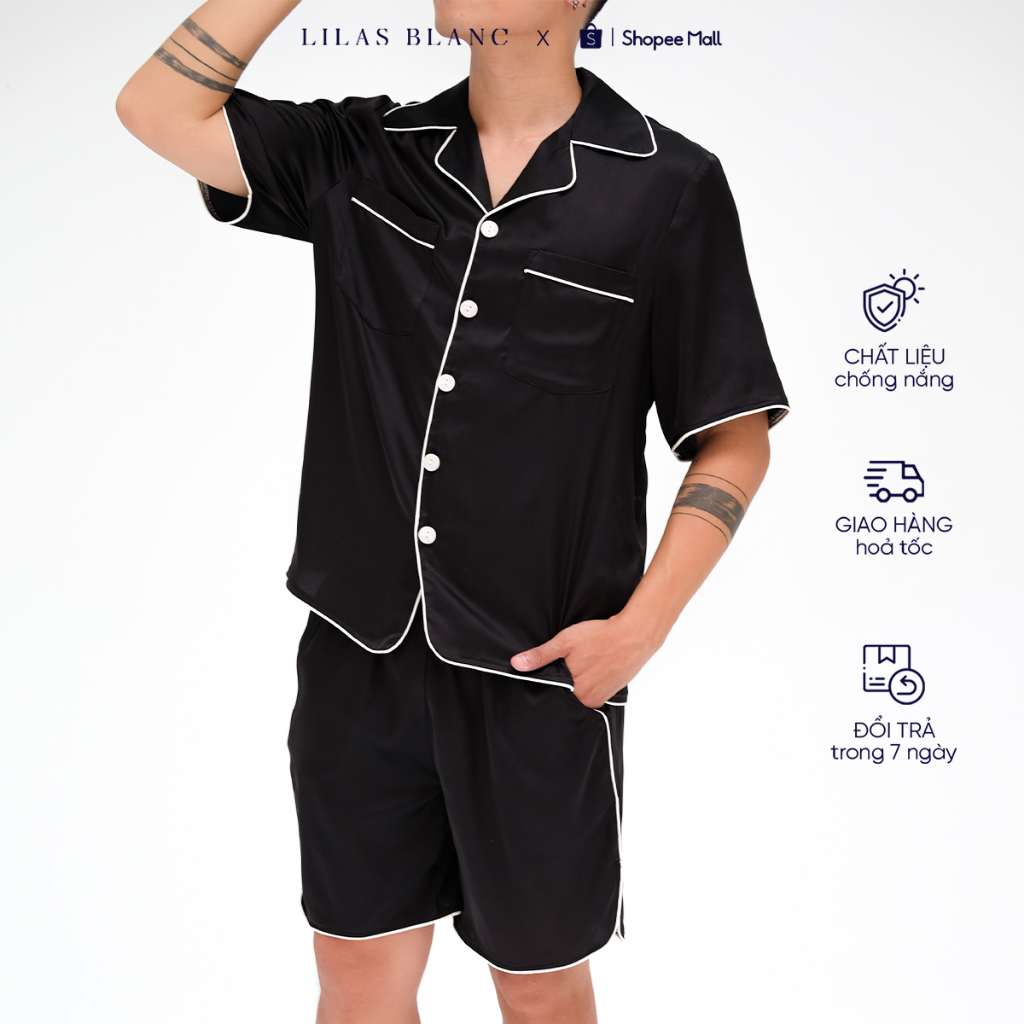 Bộ Pyjamas Nam Mặc Nhà Áo Cộc Quần Cộc Chất Liệu Lụa Trơn Màu Đen PJ Classic Summer Men LILAS BLANC spe