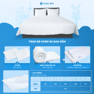 Bộ chăn ga trắng khách sạn CHU MY, cotton Sateen 100%, T400, chuẩn 5 sao cho phòng ngủ