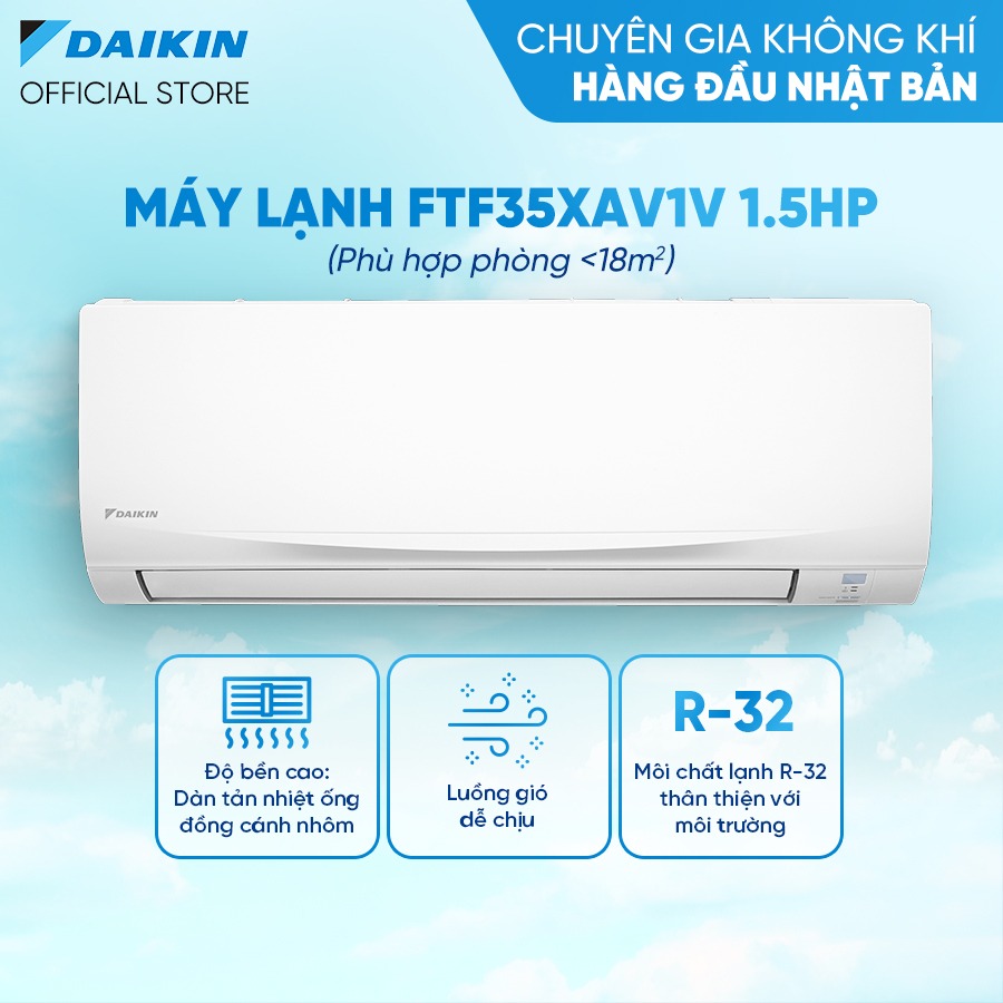 [Model mới 2023] Máy Lạnh Daikin FTF35XAV1V 1.5HP (12000 BTU) - Bền bỉ - Luồng gió dễ chịu - Hàng chính hãng