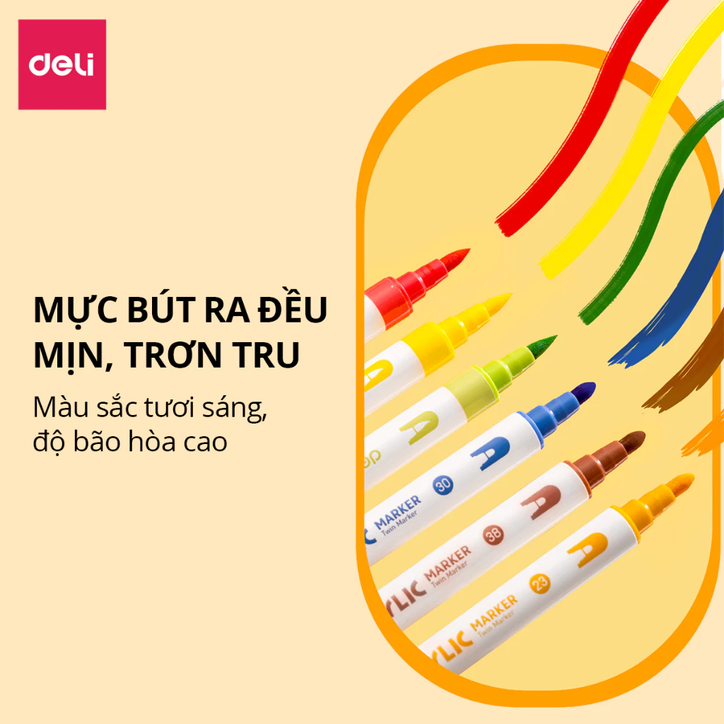 Bút Sơn Acrylic Marker 2 Đầu Cao Cấp Deli - Kèm Hộp Nhựa - 12/24/36/48 Màu Đậm, Đều-VPP Kiều Anh
