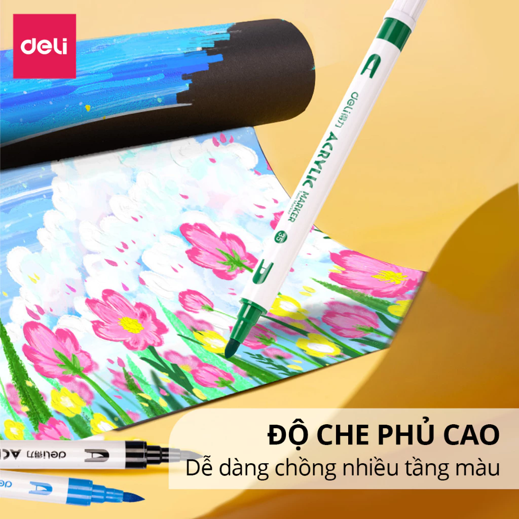 Bút Sơn Acrylic Marker 2 Đầu Cao Cấp Deli - Kèm Hộp Nhựa - 12/24/36/48 Màu Đậm, Đều-VPP Kiều Anh