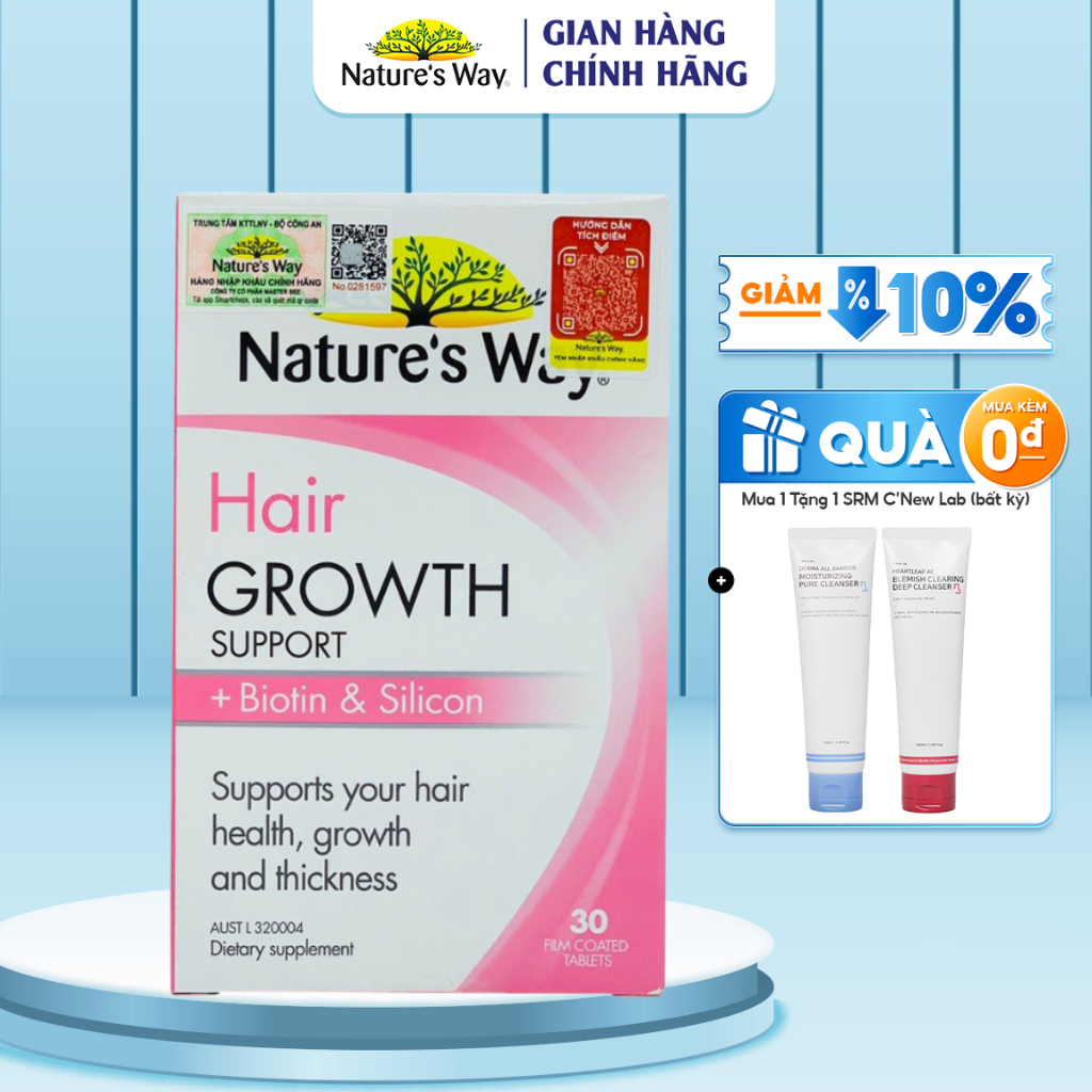 Viên Uống Hỗ Trợ Mọc Tóc Natures Way Hair Growth Support + Biotin & Silicon, Giảm Rụng Tóc, Nuôi Dưỡng Tóc Hộp 30v