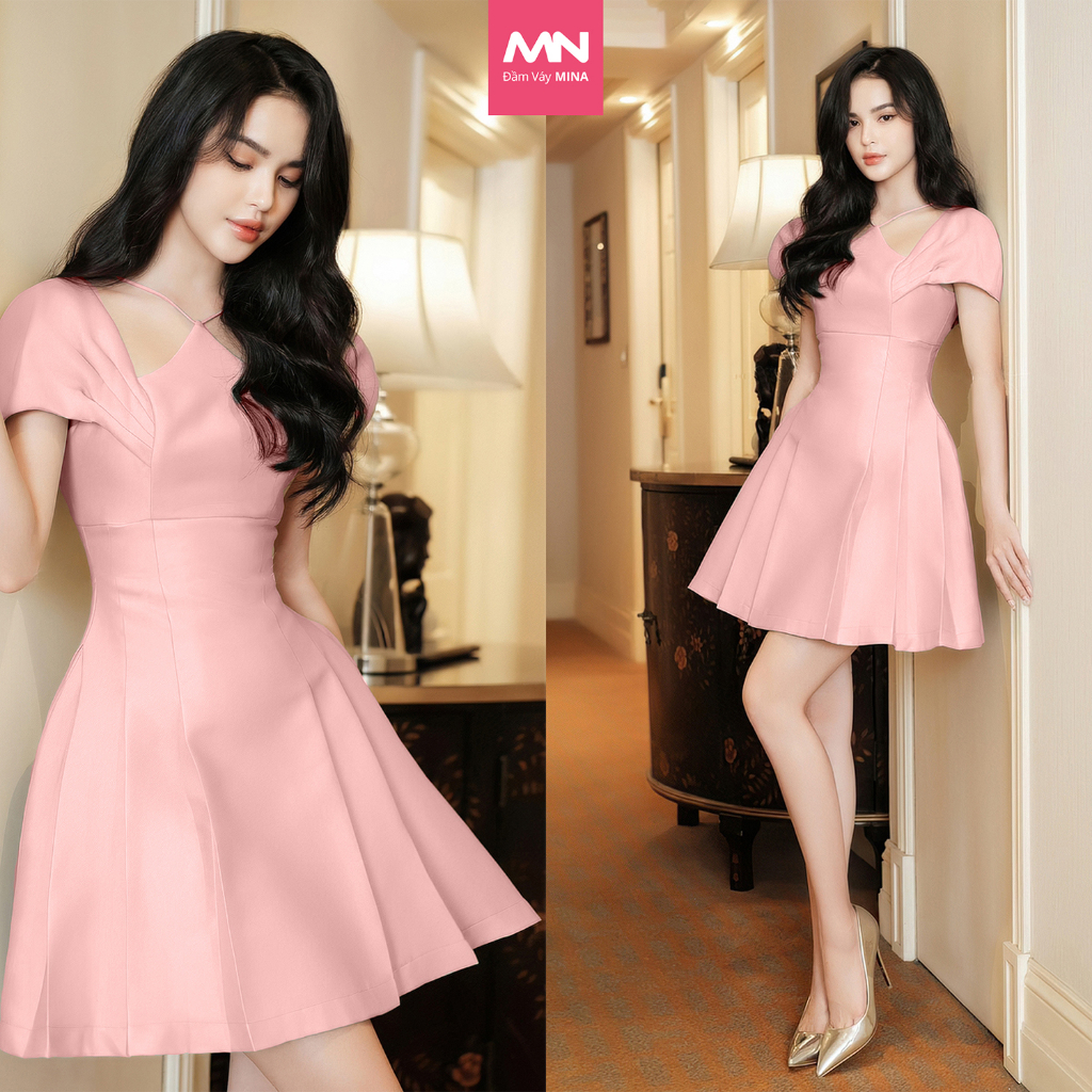 Đầm dự tiệc thương hiệu Đầm Váy Mina thiết kế cổ yếm dáng xoè MN212