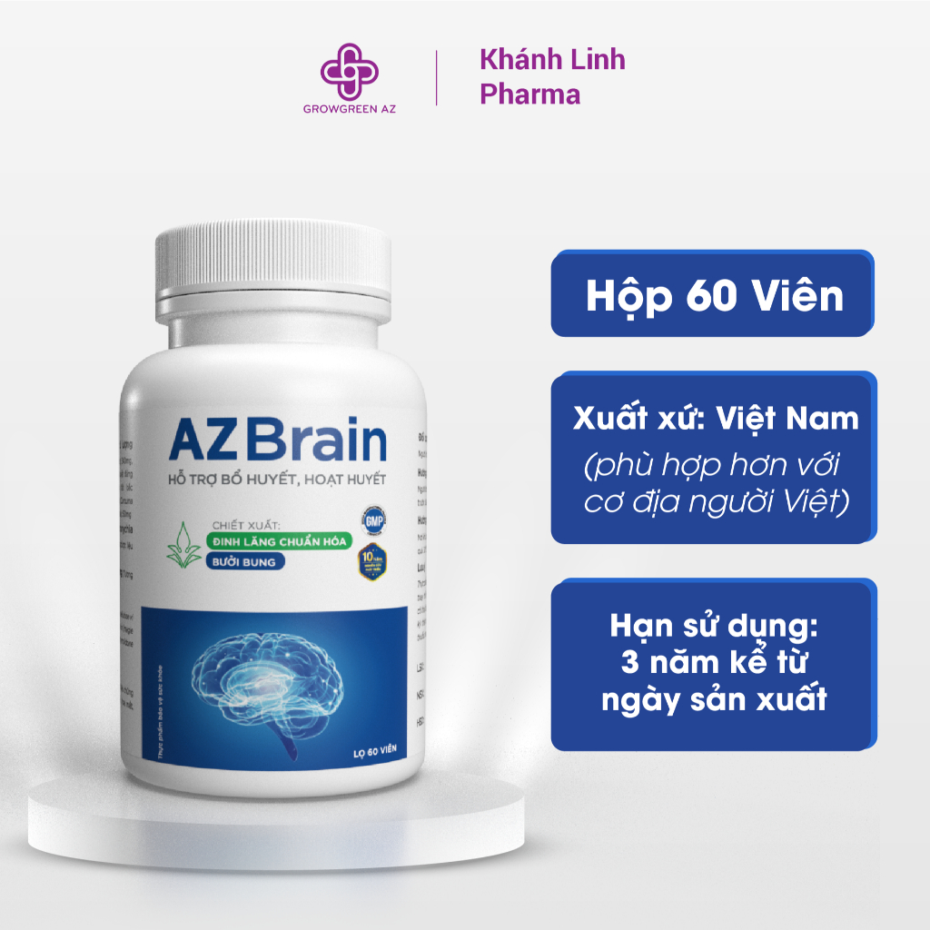 AZBR- Viên uống bổ não AZBrain hoạt huyết, hết chóng mặt đau đầu, mất ngủ, tăng tuần hoàn máu lên não (Hộp 60 viên)ZLOVE