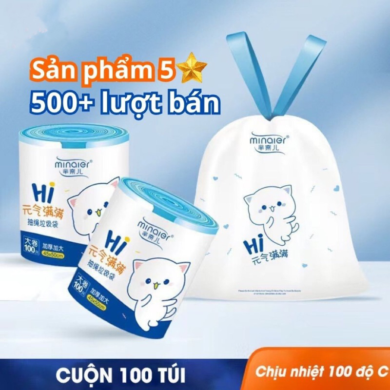 Combo cuộn 100 túi đựng rác Minaier có dây rút tự huỷ sinh học chịu nhiệt tiện lợi
