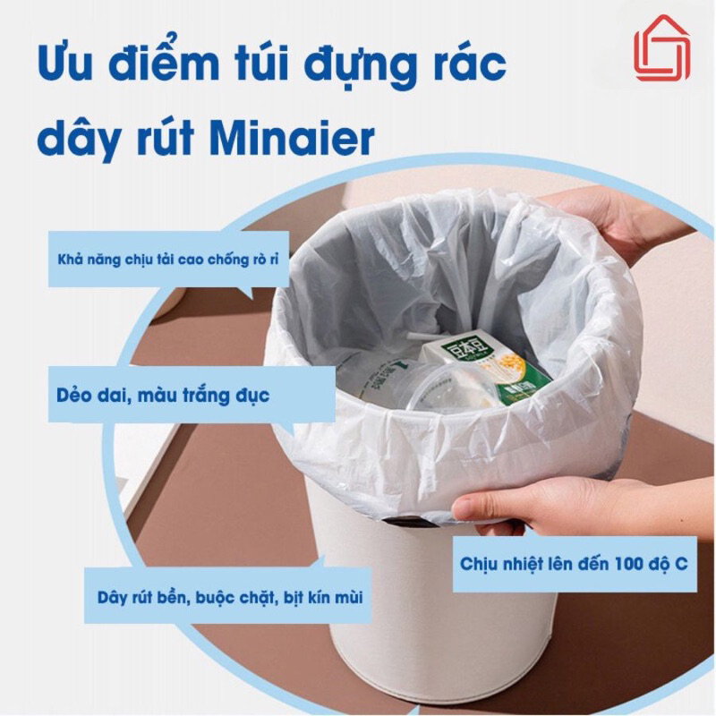 Combo cuộn 100 túi đựng rác Minaier có dây rút tự huỷ sinh học chịu nhiệt tiện lợi