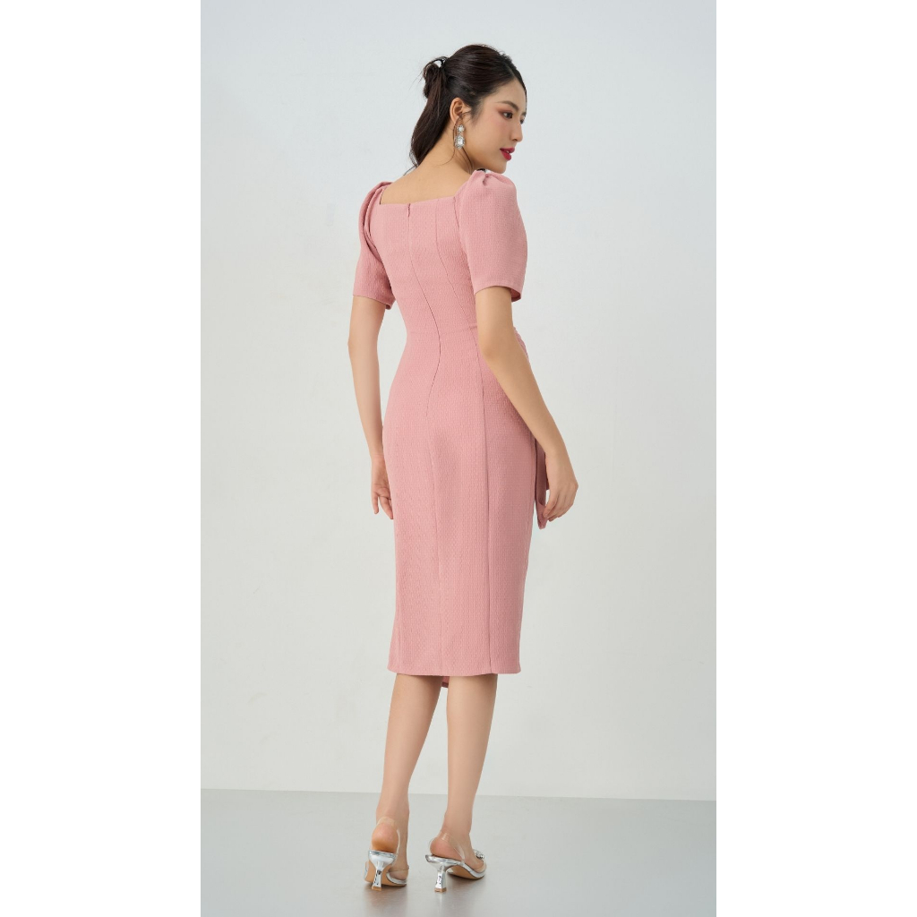 Vella Fashion đầm midi tay ngắn xếp ly sườn, váy công sở trẻ trung thanh lịch VD23050