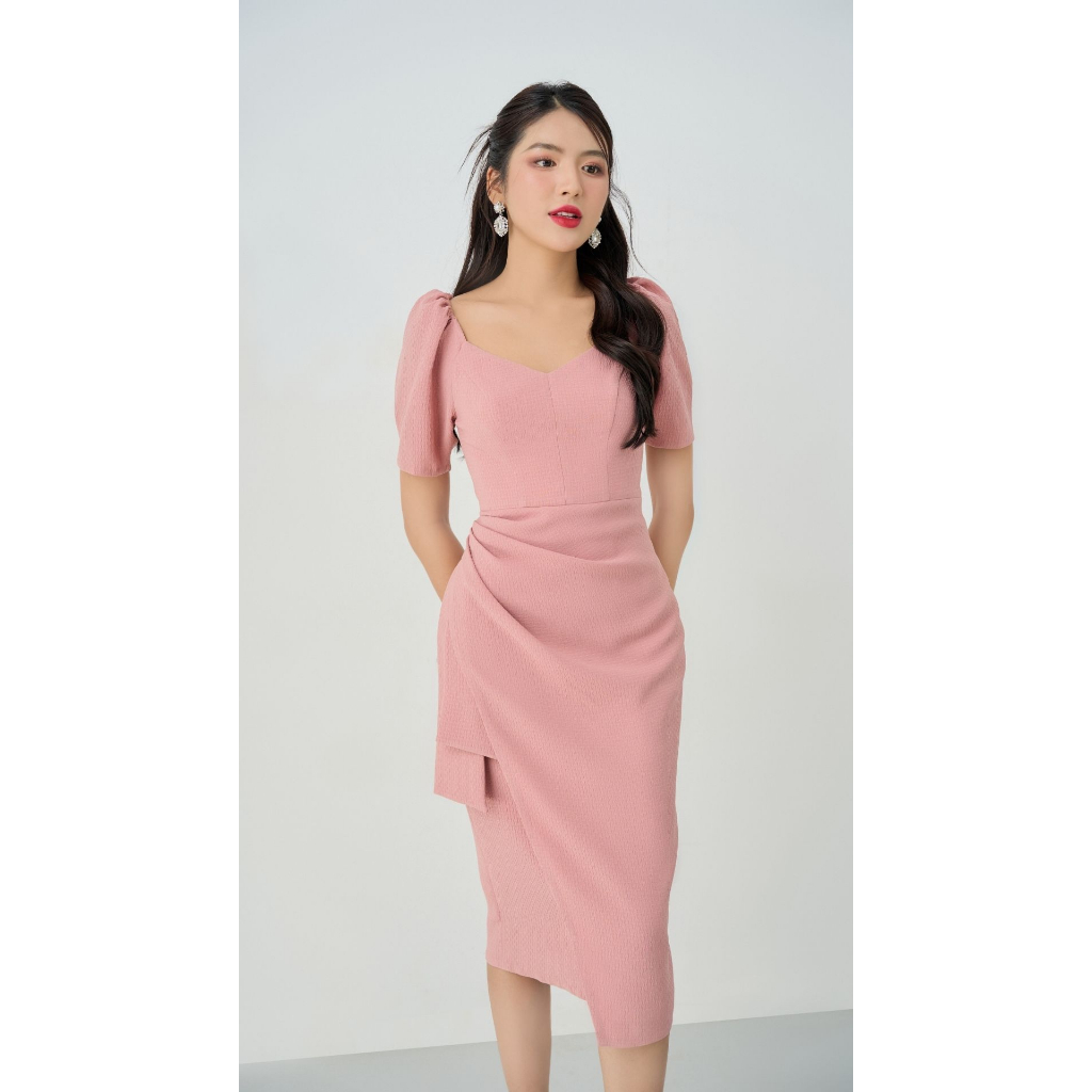 Vella Fashion đầm midi tay ngắn xếp ly sườn, váy công sở trẻ trung thanh lịch VD23050