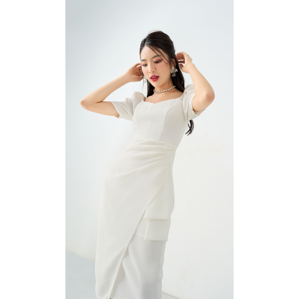 Vella Fashion đầm midi tay ngắn xếp ly sườn, váy công sở trẻ trung thanh lịch VD23050