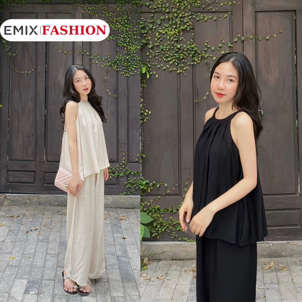 Set đũi hàn áo cổ yếm phối quần EMIX, dưới 60kg, phong cách basic, vải mát, freesize 420 - P12K6