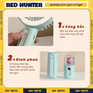 (Tặng Móc treo thú) Quạt cầm tay mini phun sương có đèn LED thời lượng pin dài RDEHUNTER