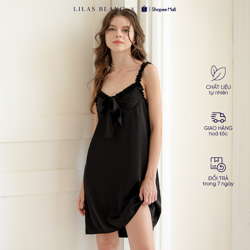 Váy Ngủ Hai Dây Nữ Mặc Nhà Chất Liệu Lụa Màu Đen Thiết Kế Cúp Ngực Black Lola Dress LILAS BLANC spe