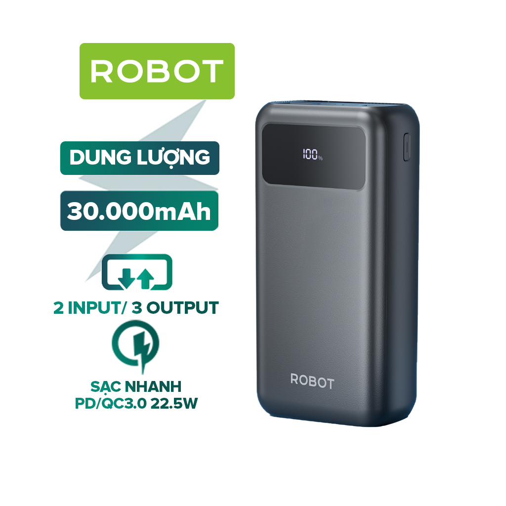 Pin Sạc Dự Phòng 30.000mAh ROBOT RT30 RT32 Sạc Nhanh PD/QC 3.0 Công Suất 22.5W 3 Cổng Sạc Ra