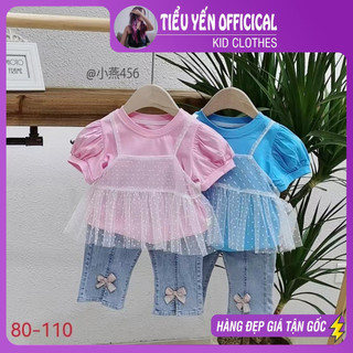 Bộ bé gái, Bộ thun hồng/xanh áo 2 dây đáng yêu cho bé 8-18kg S456 S457 S458 | Tiểu Yến KID