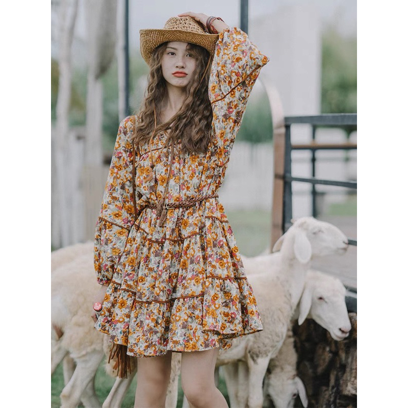 Váy / Đầm Hoa Nhí Phong Cách Boho VinTage Thời Trang Nữ Du Lịch Không Kèm Đai