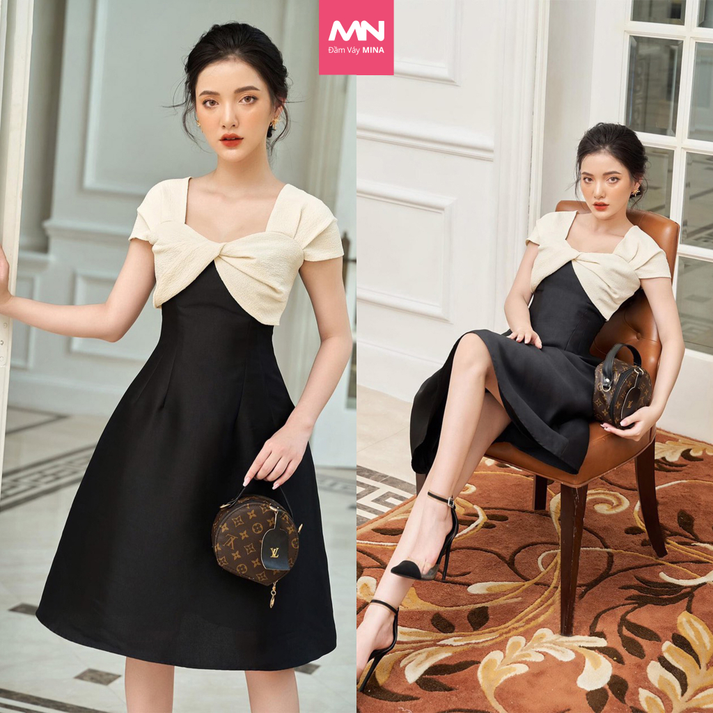 Đầm dự tiệc MINA dáng xoè vải Taffta lụa phối nơ ngực thun gân sang trọng dễ thương phù hợp đi chơi công sở MN187 spe
