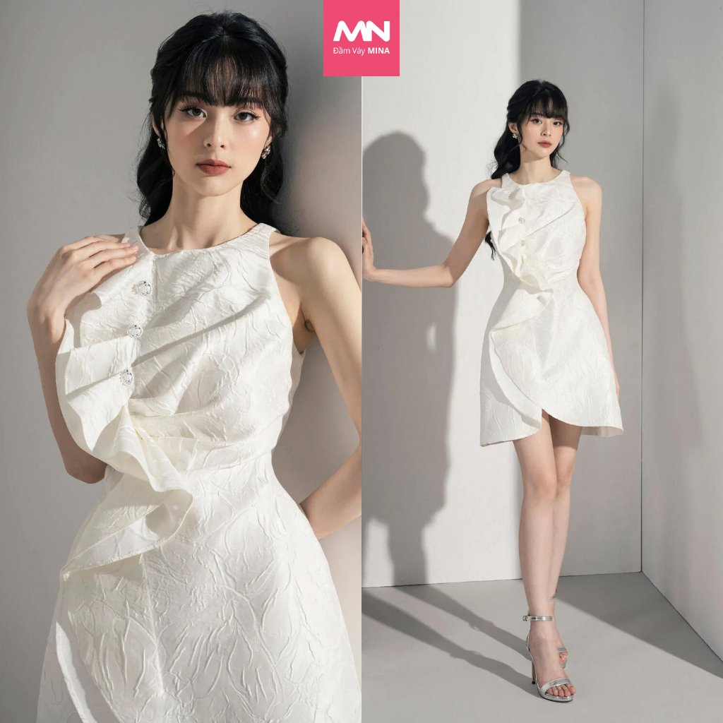 Đầm trắng dự tiệc ôm body MINA thiết kế cổ tròn dáng ngắn mini vải gấm đẹp cao cấp sang trọng MN185 spe