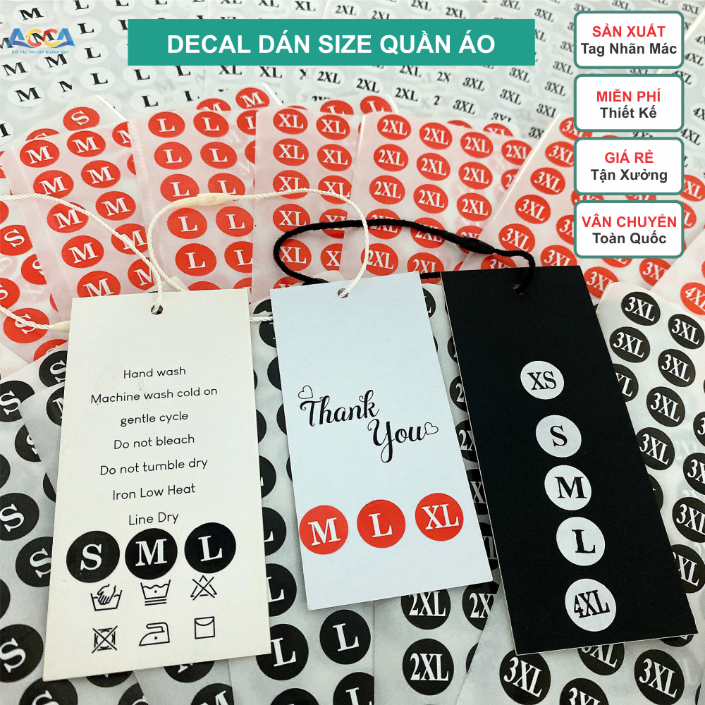 Tem nhãn dán, Size dán quần áo, decal size S M L nhiều màu, giầy dép ...