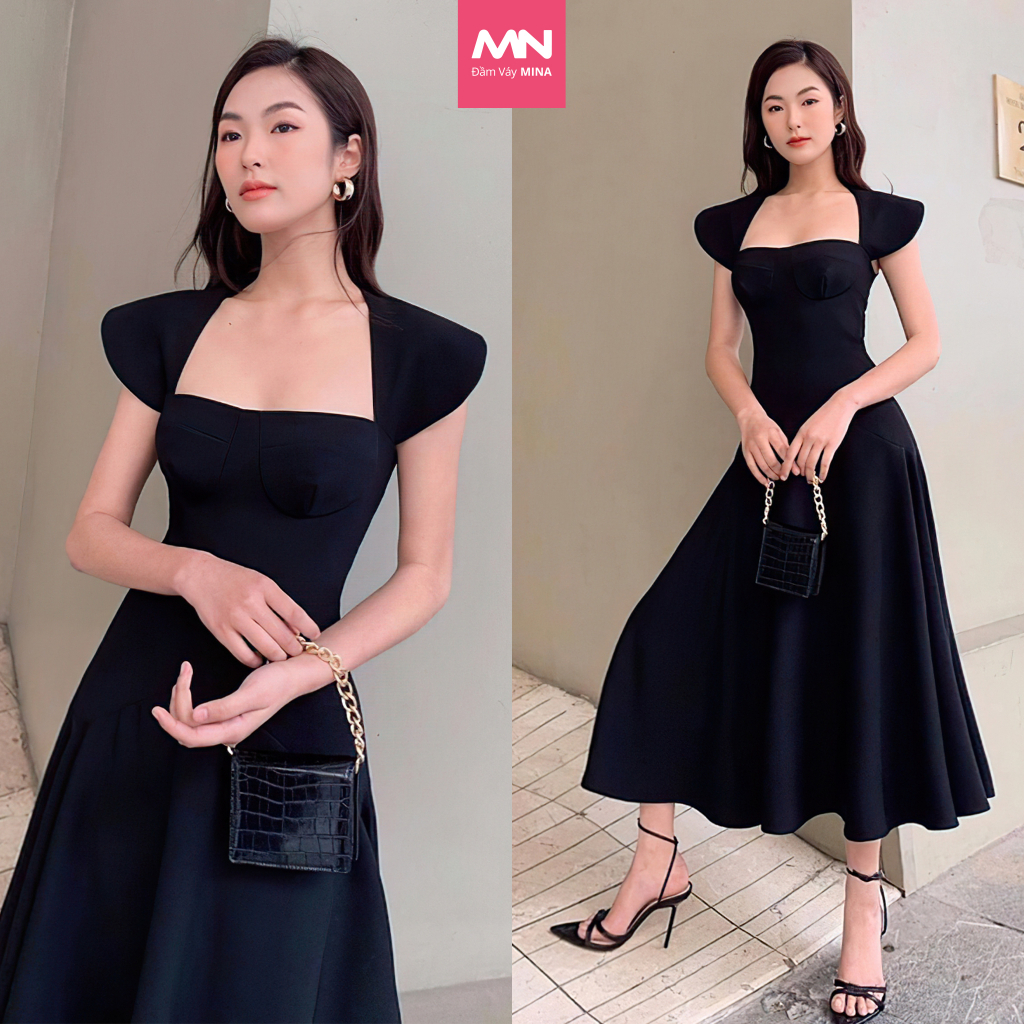 Đầm dự tiệc MINA màu đen tay ngắn đắp vai cổ thuyền dáng xoè midi vải tuyết mưa dự tiệc đi chơi hẹn hò quyến rũ MN172 spe