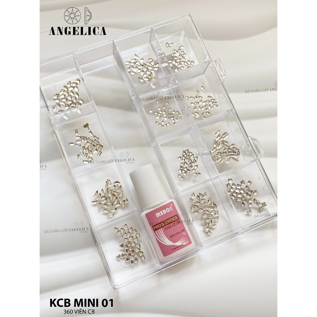 Khay đá nails chân bằng kèm keo size mini đá đính nail nhỏ màu trắng, vàng trà, xà cừ trang trí móng ANGELICA KCBMN
