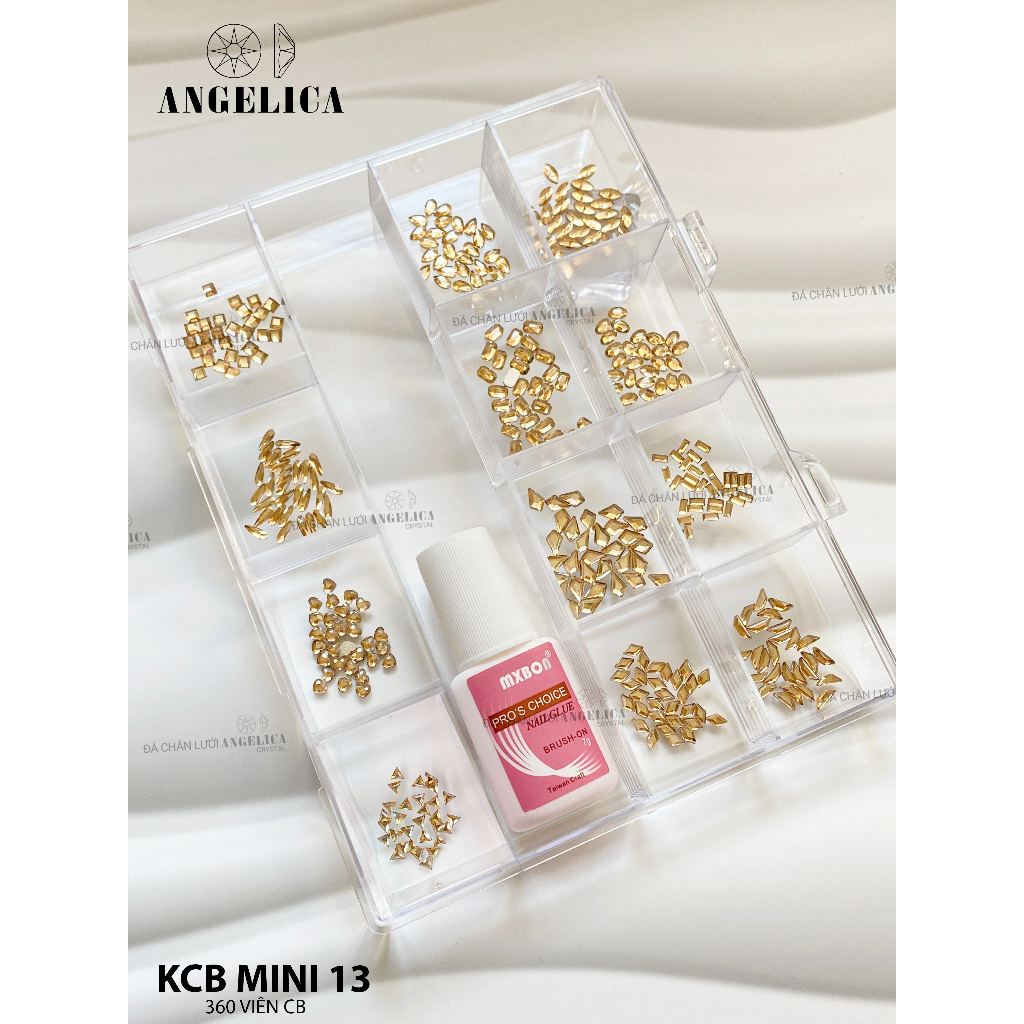 Khay đá nails chân bằng kèm keo size mini đá đính nail nhỏ màu trắng, vàng trà, xà cừ trang trí móng ANGELICA KCBMN