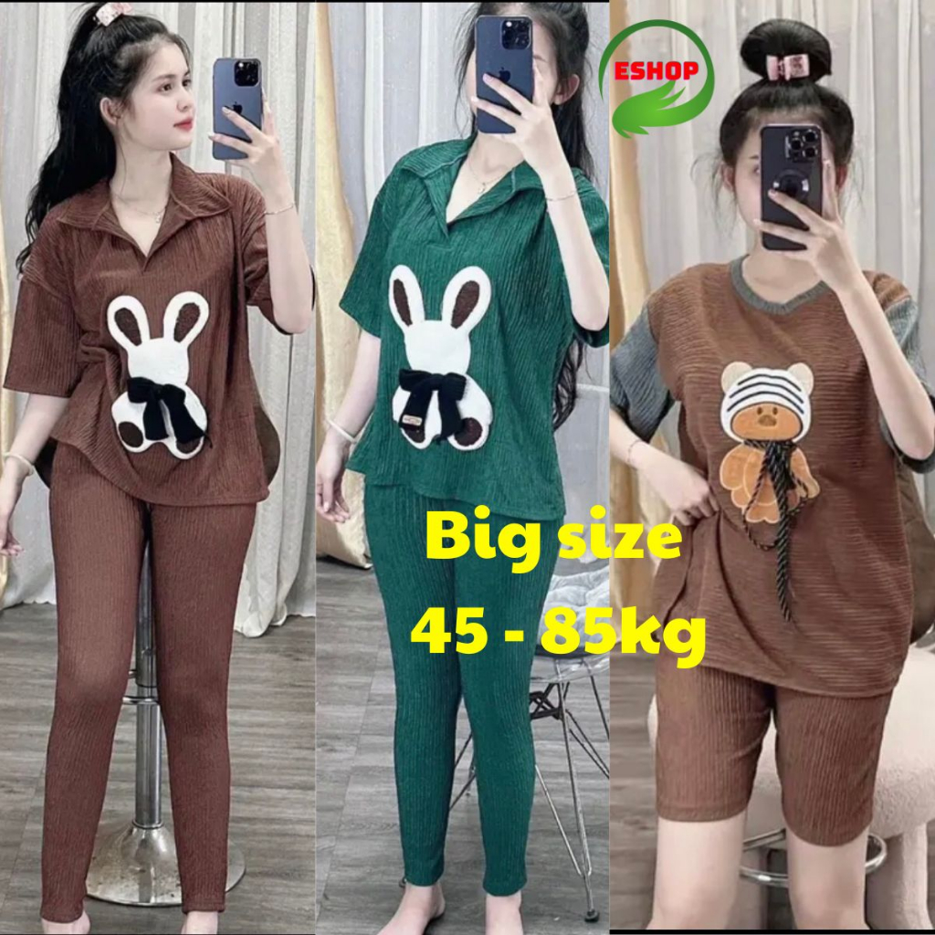 Đồ Bộ Nữ Bigsize Vải Thun Xốp Quần Dài Áo Có Cổ Polo ESHOP Đồ Mặc Nhà Nữ Quần Lửng Ngố Xốp Nhật Đẹp Dễ Thương Xinh VX68
