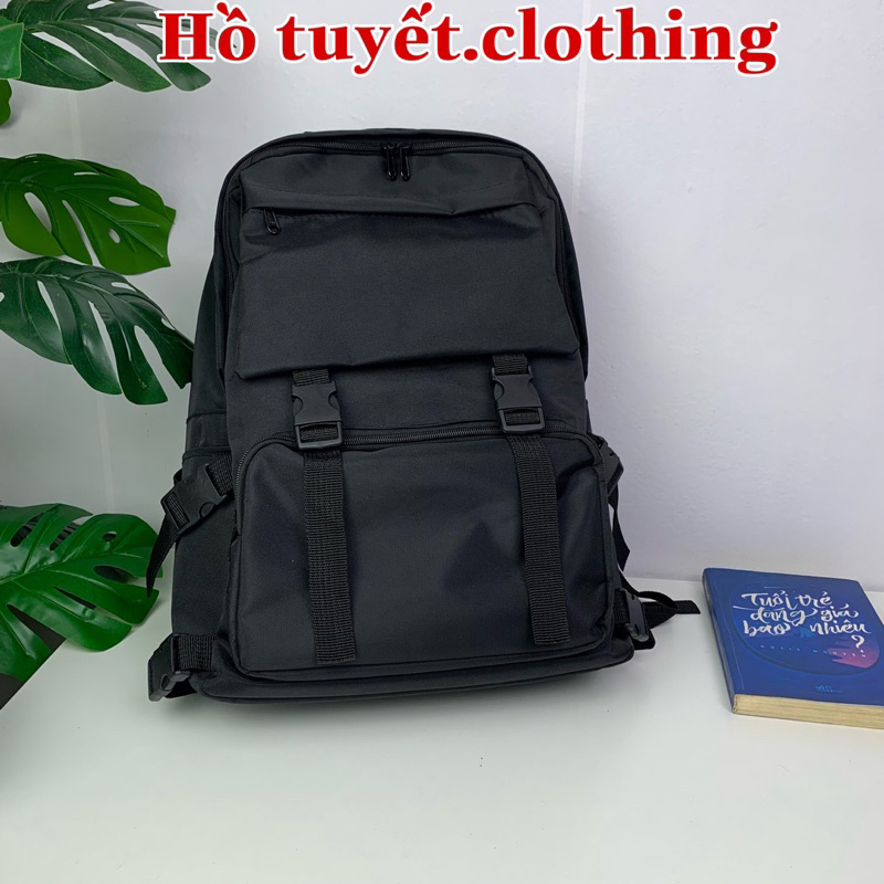 Balo học sinh Ulzang cặp đi học nam nữ bassic đen trơn có ngăn đựng laptop chất vải canvas chống thấm nước bền đẹp B 8