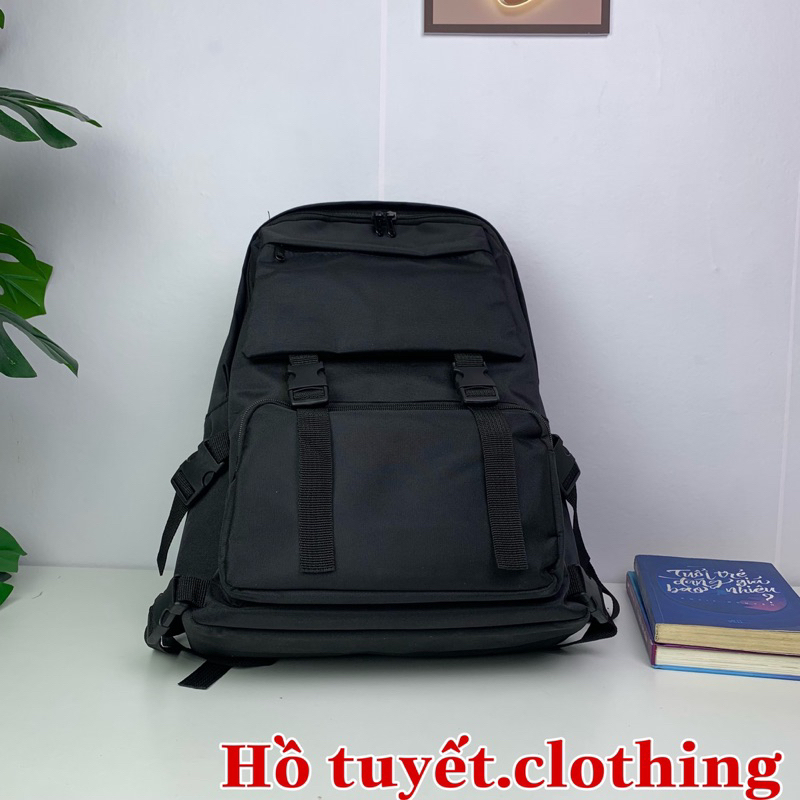 Balo học sinh Ulzang cặp đi học nam nữ bassic đen trơn có ngăn đựng laptop chất vải canvas chống thấm nước bền đẹp B 8