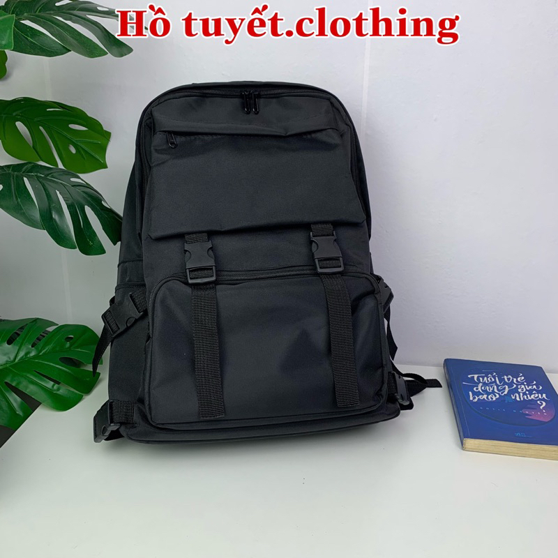 Balo học sinh Ulzang cặp đi học nam nữ bassic đen trơn có ngăn đựng laptop chất vải canvas chống thấm nước bền đẹp B 8