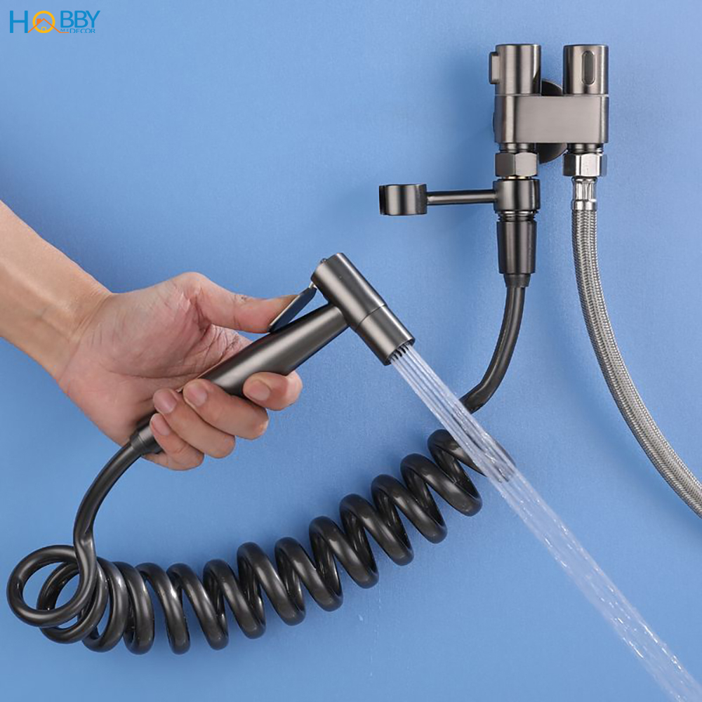 Vòi xịt toilet dây lò xo đa năng kèm van nước bồn cầu màu xám Hobby Home Decor VSR4F