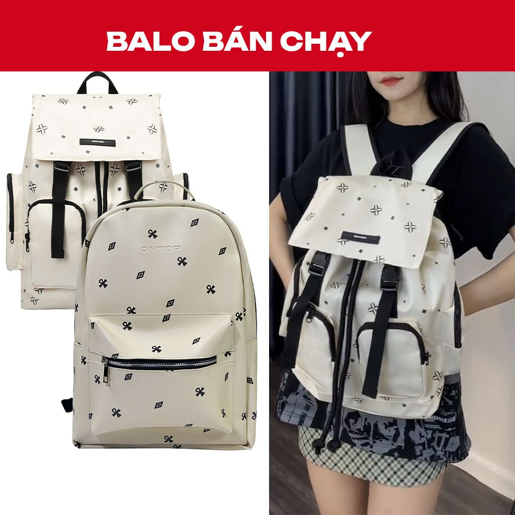 Balo đi học da thời trang ONTOP màu kem, có họa tiết, nhiều ngăn - Level Backpack