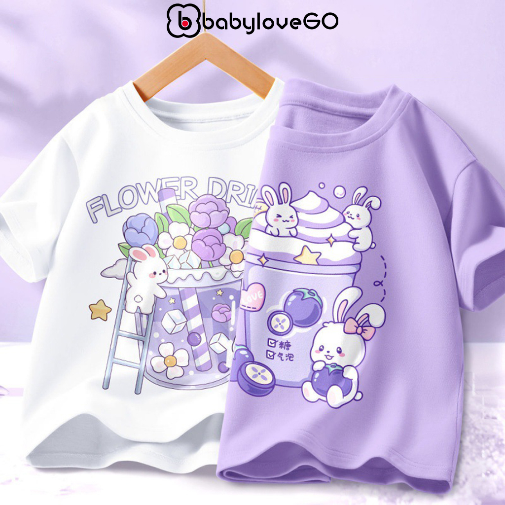 Combo 2 áo thun bé gái BabyloveGO áo phông ngắn tay in hoạt hình cute cho bé mẫu mới 2023