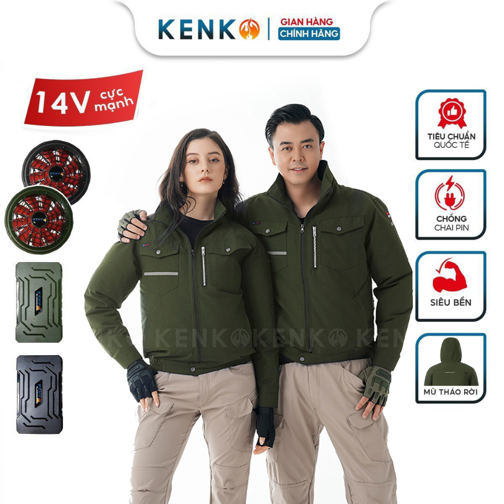 Áo gắn quạt chính hãng KENK PRO MAX 14V pin 26000mAh 14v màu xanh rêu dành cho người lao động