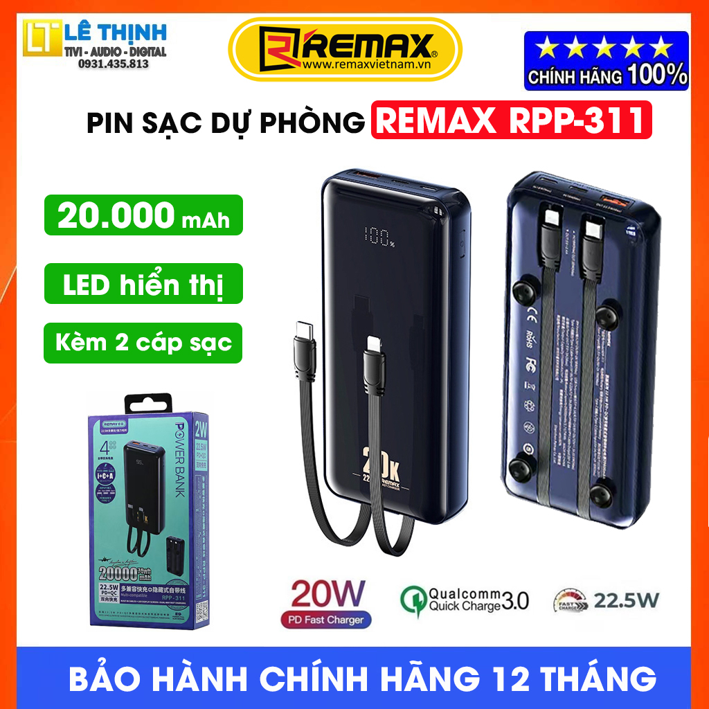 Pin sạc dự phòng sạc nhanh Remax RPP-311 Kayeo Series 20000mAh tích hợp ...