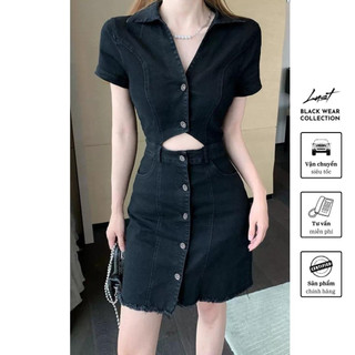 Đầm đen Denim cổ V cao cấp LUST chất liệu dày dặn thiết kế đẹp - M107