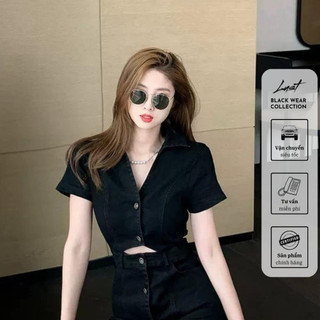Đầm đen Denim cổ V cao cấp LUST chất liệu dày dặn thiết kế đẹp - M107