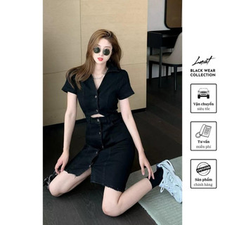 Đầm đen Denim cổ V cao cấp LUST chất liệu dày dặn thiết kế đẹp - M107