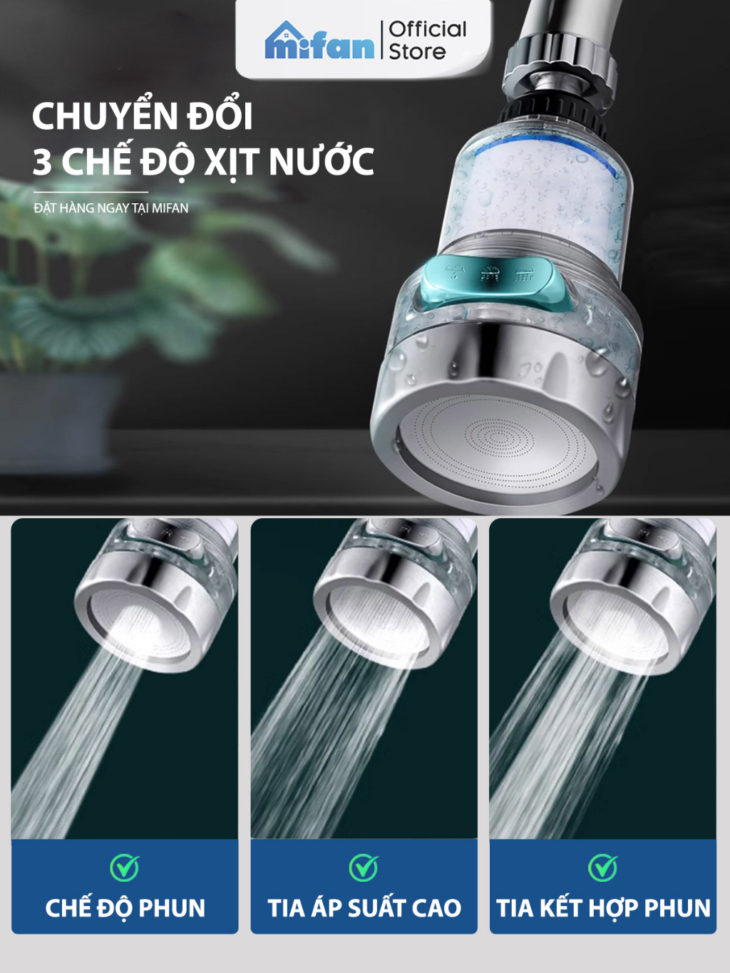 Ảnh Đầu vòi rửa bát tăng áp lọc nước 3 chế độ phun Mifan - Lõi PP loại bỏ cặn bẩn, clo, màu và mùi, cổ xoay 360 bồn rửa chén 3