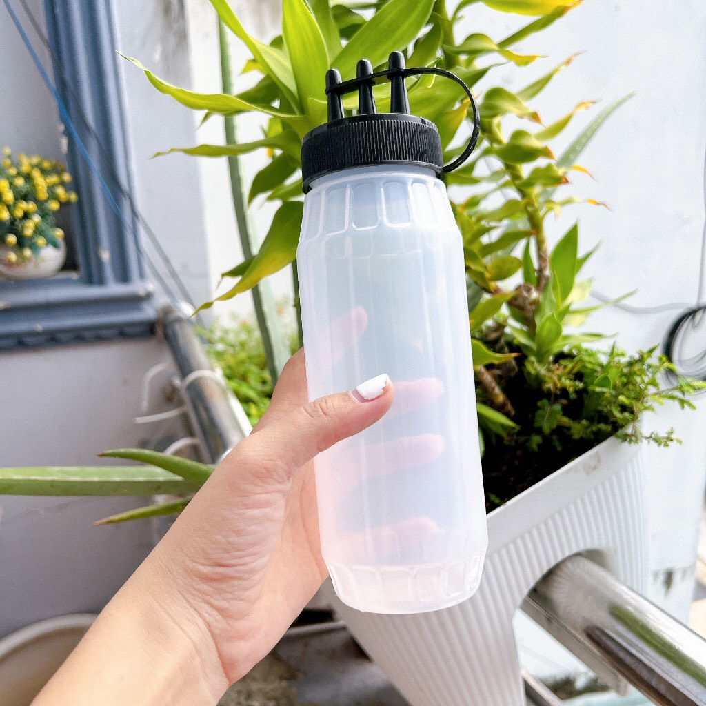 Chai nhựa đựng sốt 3 ĐẦU tách rời có nắp có chia vạch - bình tương 3 đầu