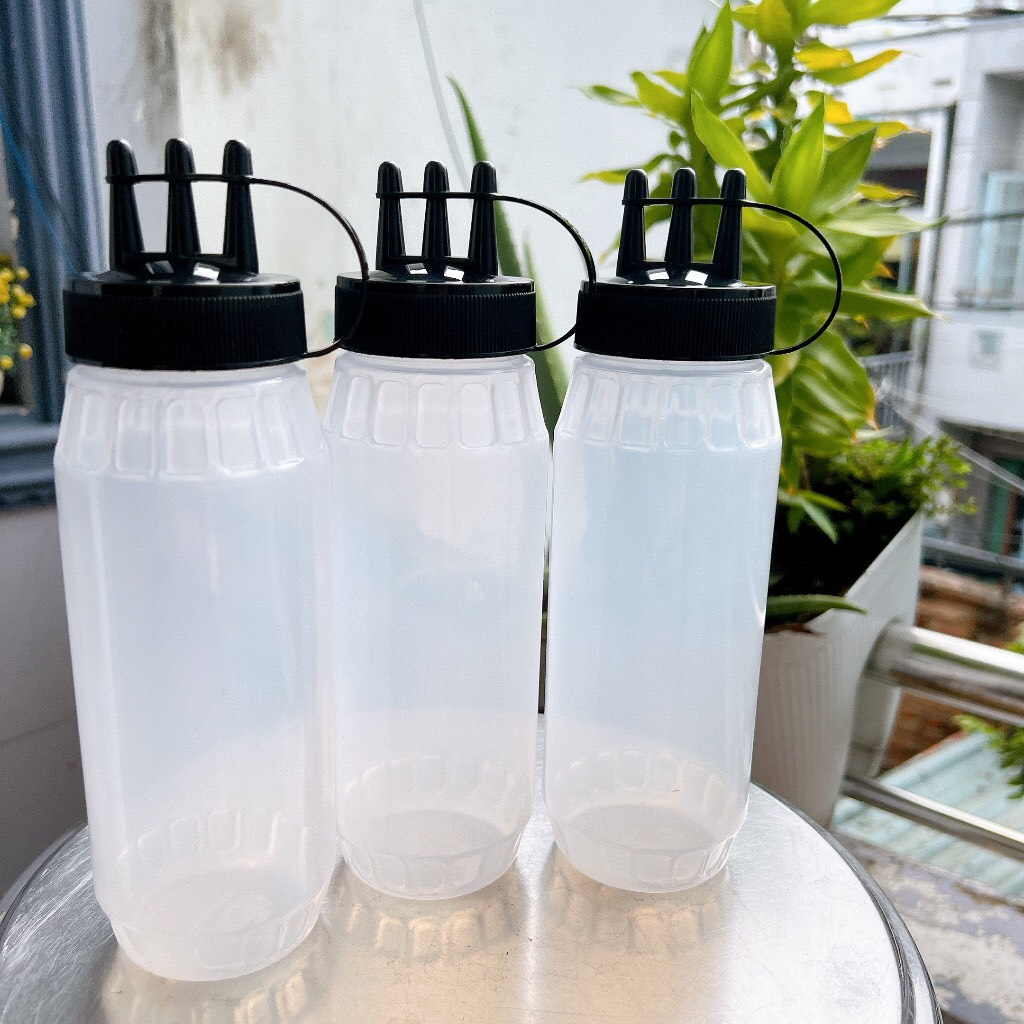 Chai nhựa đựng sốt 3 ĐẦU tách rời có nắp có chia vạch - bình tương 3 đầu